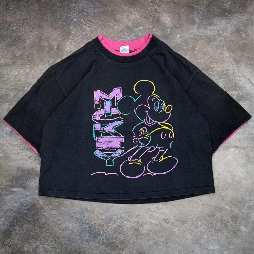 Vintage Disney Mickey Mouse Faded Black Cropped Tee Adult One Size Made In USA